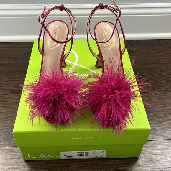 NIB Sam Edelman Leon feather healed sandals, raspberry satin size 7.5 - Picture 2 of 8